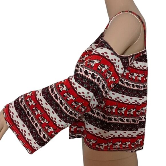 Y2K H&M Elephant Print Top XS Coachella Cold Shoulder Boho Peasant Bohemian Crop - Picture 7 of 12